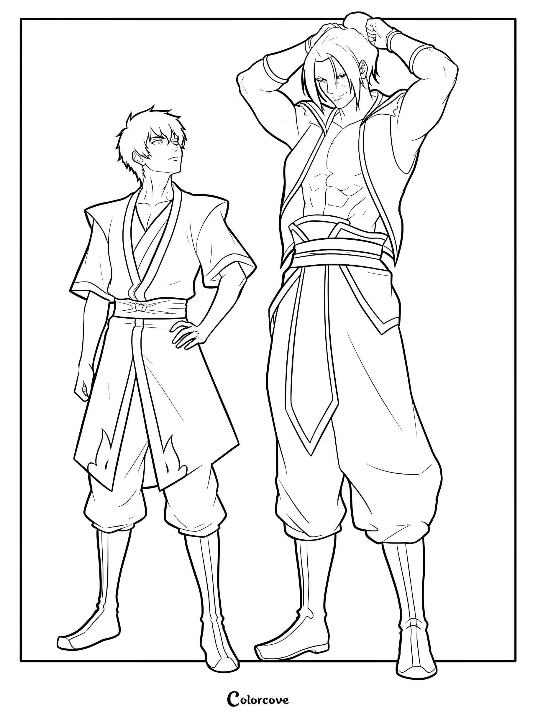Une page de coloriage à imprimer représentant le jeune Zuko debout à côté de son double adulte, qui se recoiffe.