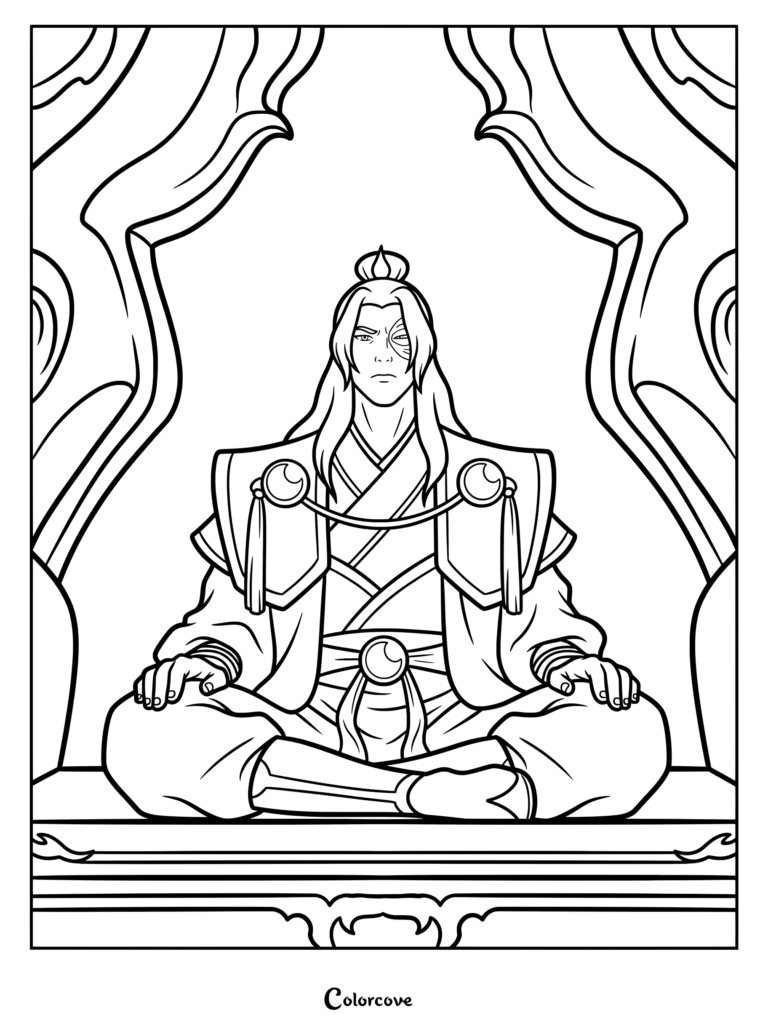 Adult Fire Lord Zuko sitting on his throne in traditional Fire Nation robes, a detailed coloring page of the Avatar The Last Airbender character.