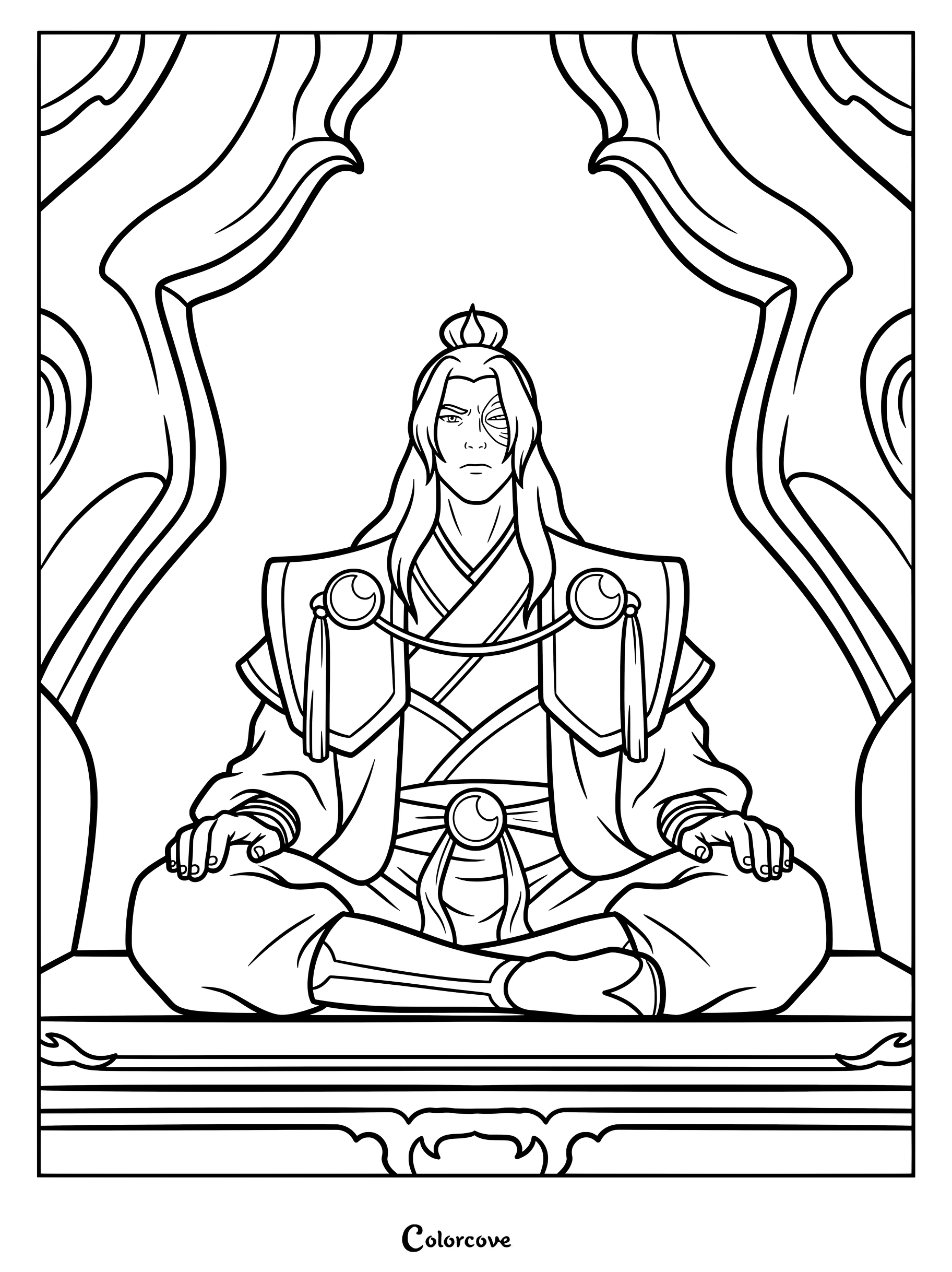 Zuko, le Seigneur du Feu adulte, assis sur son trône en tenue traditionnelle de la Nation du Feu : une page de coloriage détaillée du personnage d’Avatar, le Dernier Maître de l’Air.
