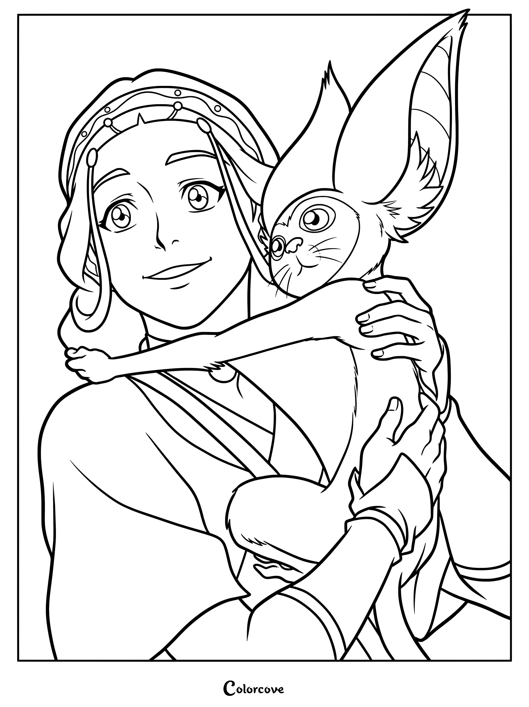 Une page de coloriage à imprimer représentant Katara adulte d'Avatar Aang : Le Dernier Maître de l'Air tenant tendrement son fidèle compagnon Momo dans une étreinte.