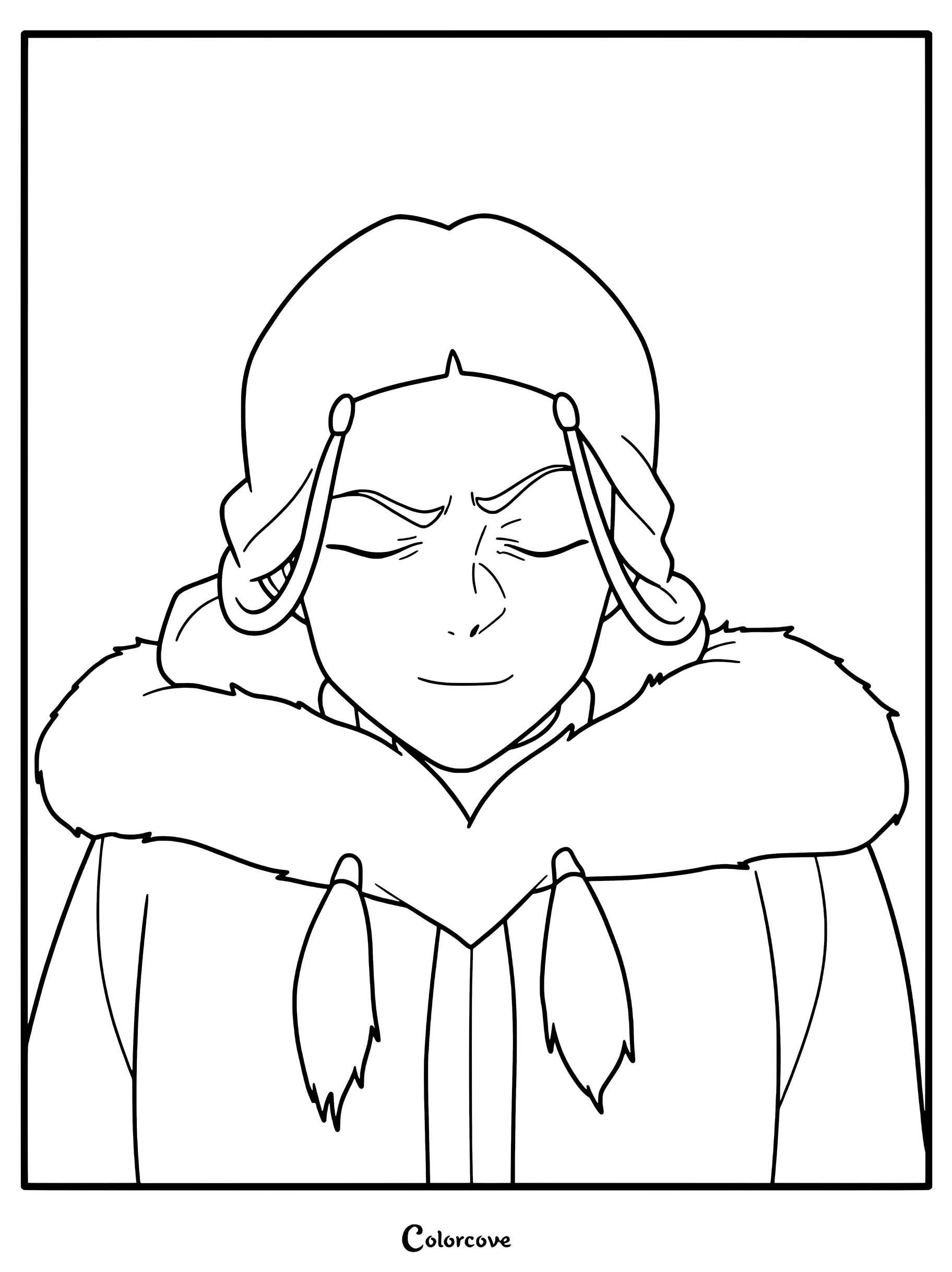 Une page de coloriage à imprimer présentant un portrait en gros plan de Katara adulte d'Avatar Aang : Le Dernier Maître de l'Air, les yeux fermés et portant une parka doublée de fourrure.