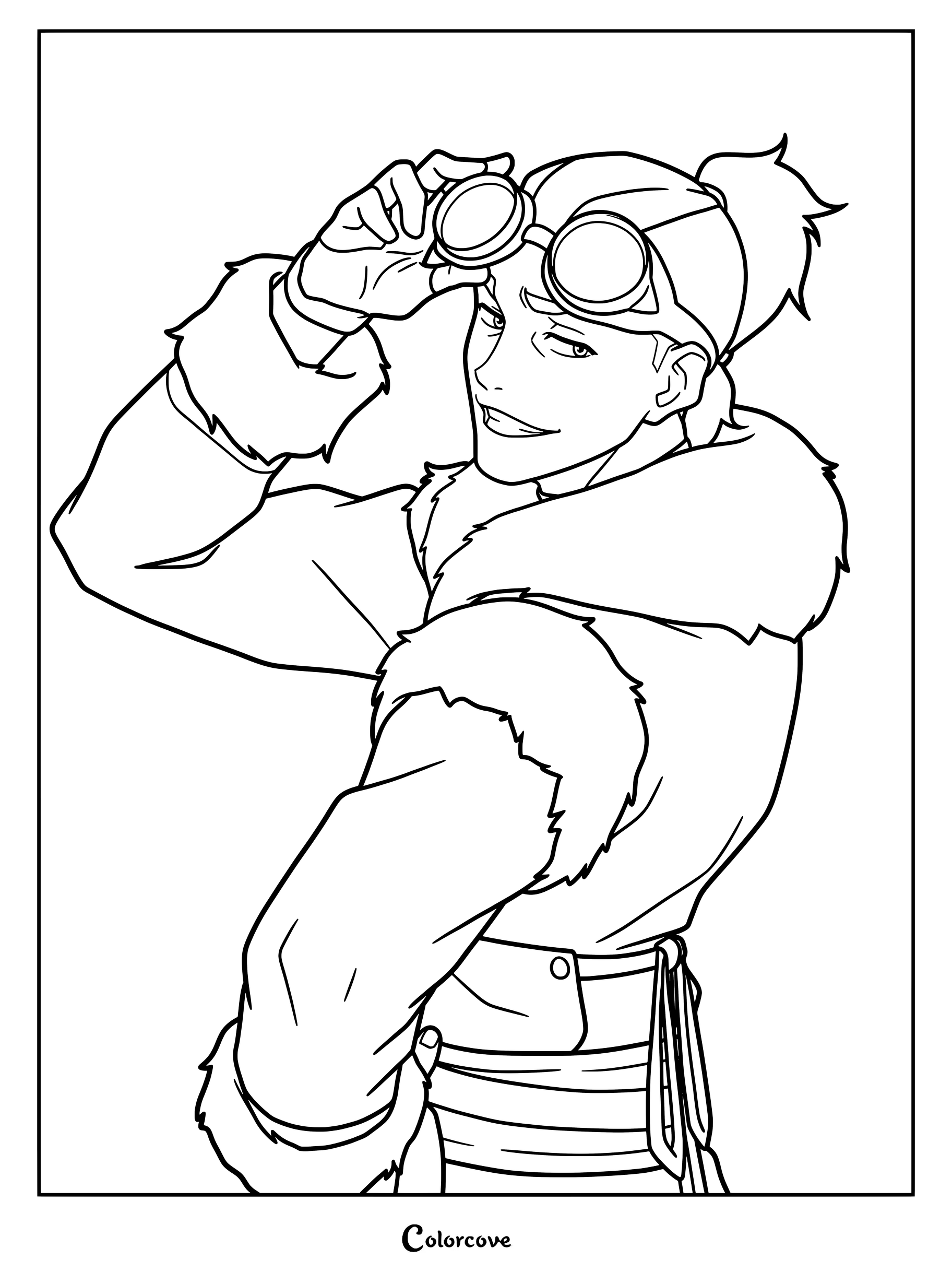 Sokka adulte, personnage d'Avatar : Le Dernier Maître de l'Air, porte des lunettes et un manteau doublé de fourrure sur cette page de coloriage à imprimer.