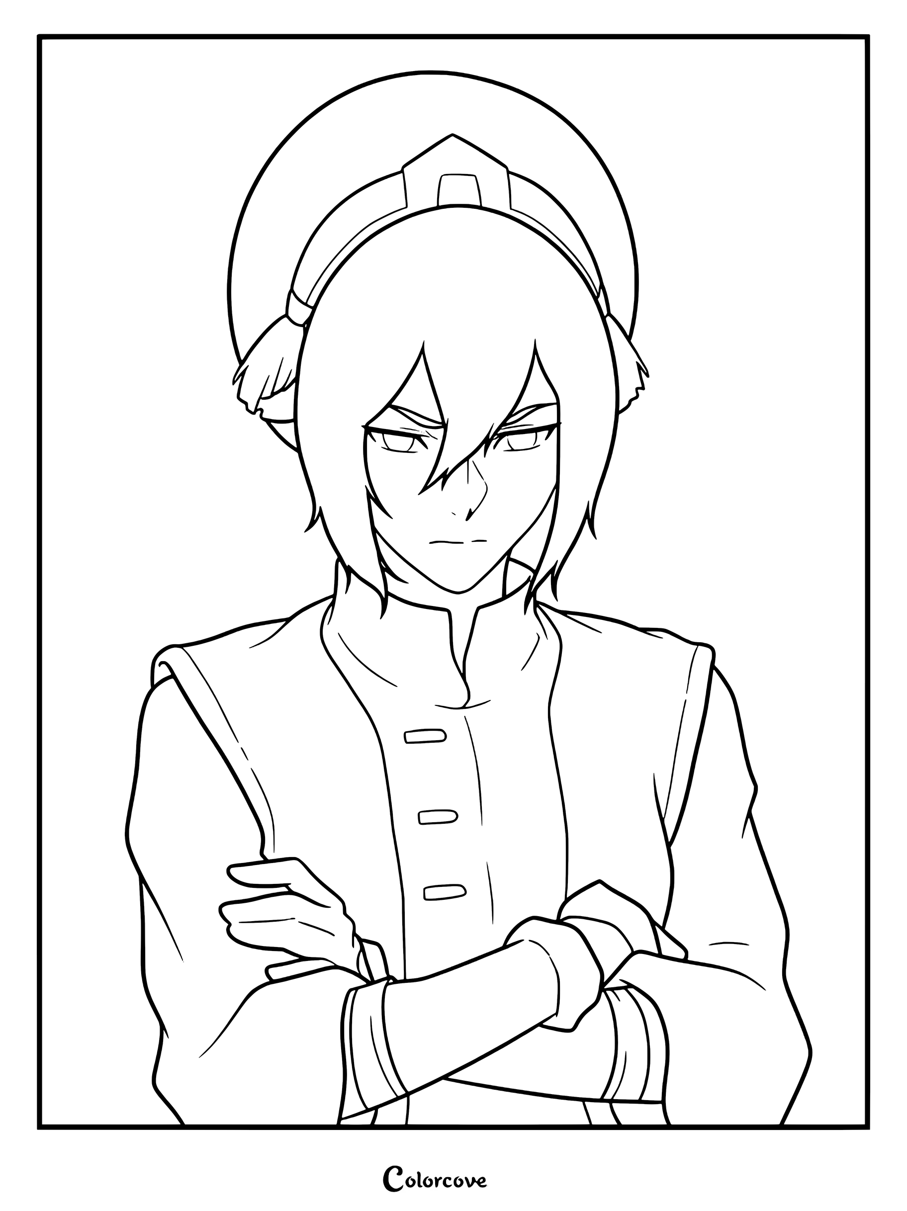 Une page de coloriage détaillée, dessinée au trait, représentant Toph Beifong adulte du personnage d'Avatar : Le Dernier Maître de l'Air, avec une expression sérieuse et les bras croisés.