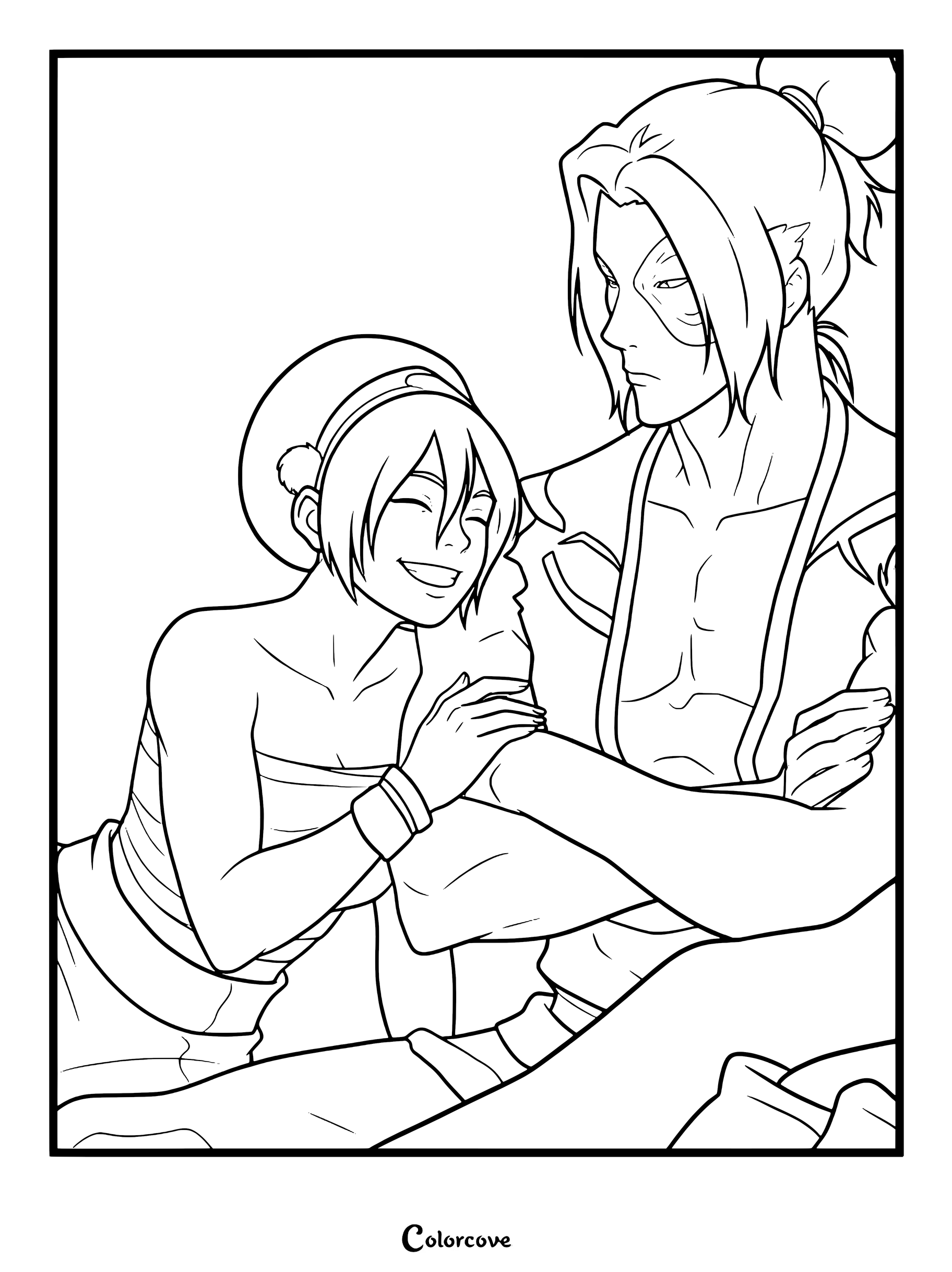 Une page de coloriage à imprimer représentant Toph Beifong adulte souriante, appuyée sur le bras de Zuko adulte, qui a les bras croisés.