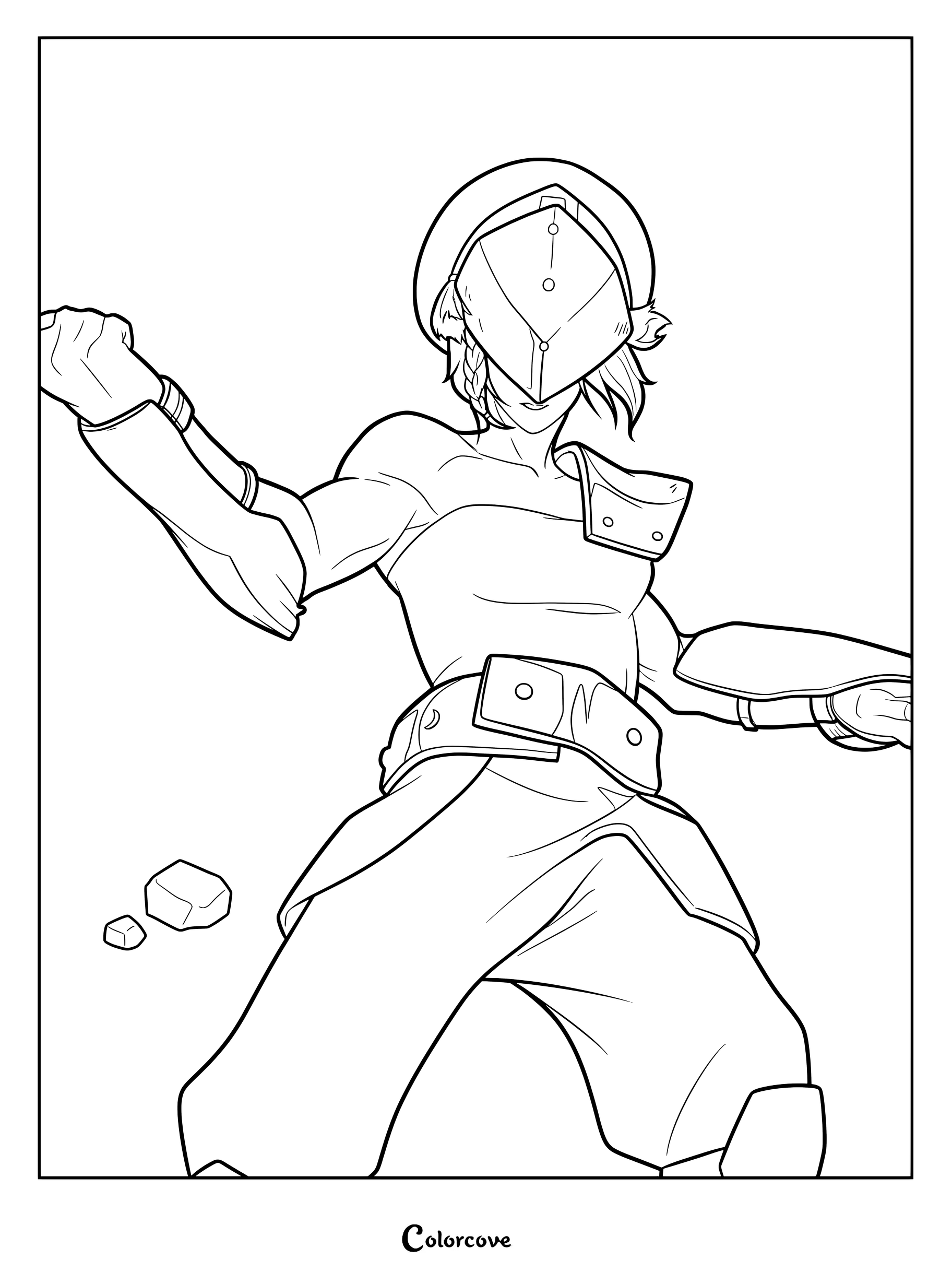 Toph Beifong adulte, dans une posture dynamique de maîtrise de la terre, portant son armure métallique et sa visière emblématiques, figure sur une page de coloriage à imprimer.