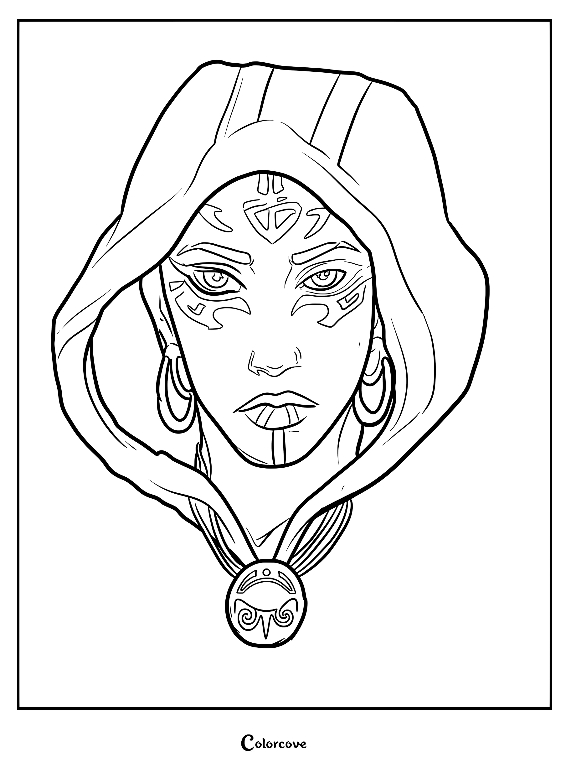 Une page de coloriage détaillée au trait représentant Sonam d'Avatar, le dernier maître de l'air, avec sa cape à capuche, ses marques faciales complexes et un pendentif circulaire.