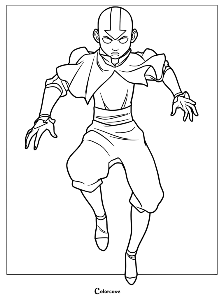 Aang in Avatar state with glowing eyes and arrow tattoo, detailed line art coloring page.