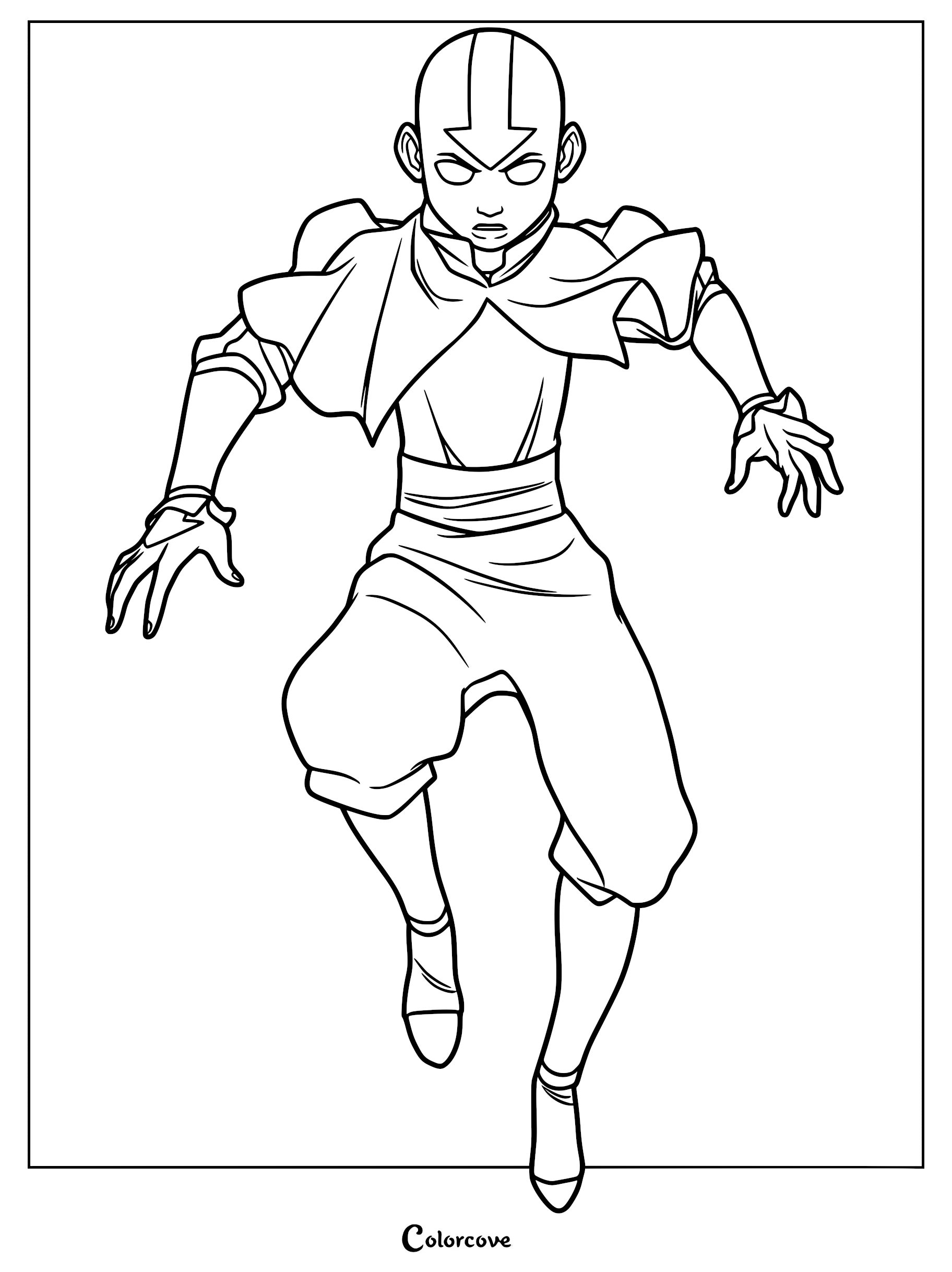Aang in Avatar state with glowing eyes and arrow tattoo, detailed line art coloring page.