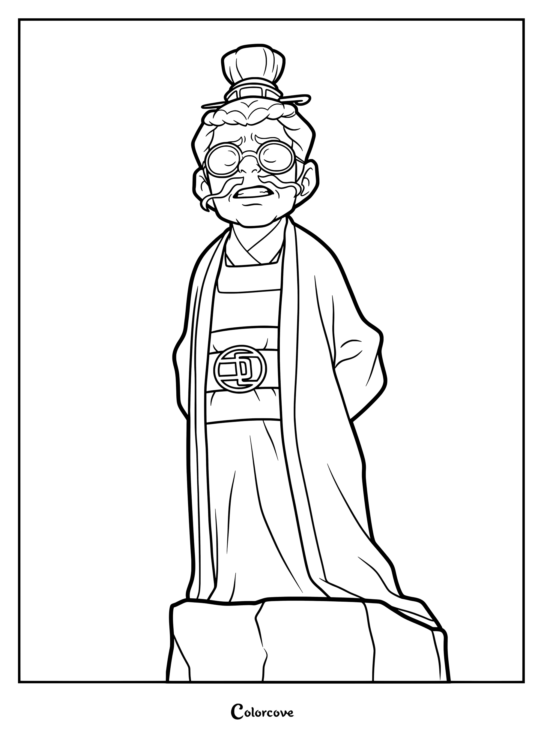 Une page de coloriage à imprimer représentant Xian, le personnage âgé d'Avatar Aang : Le Dernier Maître de l'Air, portant une robe traditionnelle et des lunettes rondes.