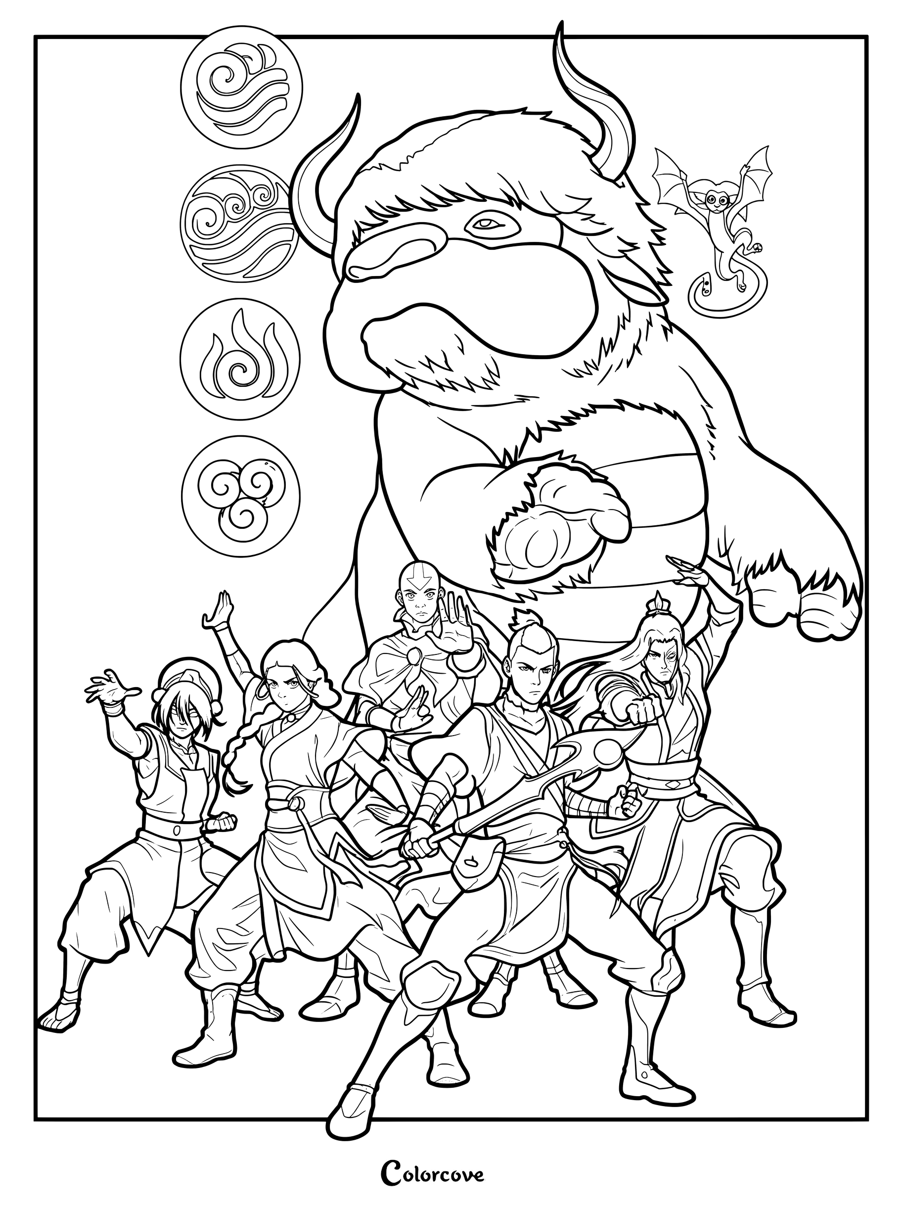 Une page de coloriage détaillée représentant l'équipe Avatar adulte, comprenant Aang, Katara, Sokka, Toph et Zuko, avec Appa et Momo, sur fond des quatre symboles élémentaires.