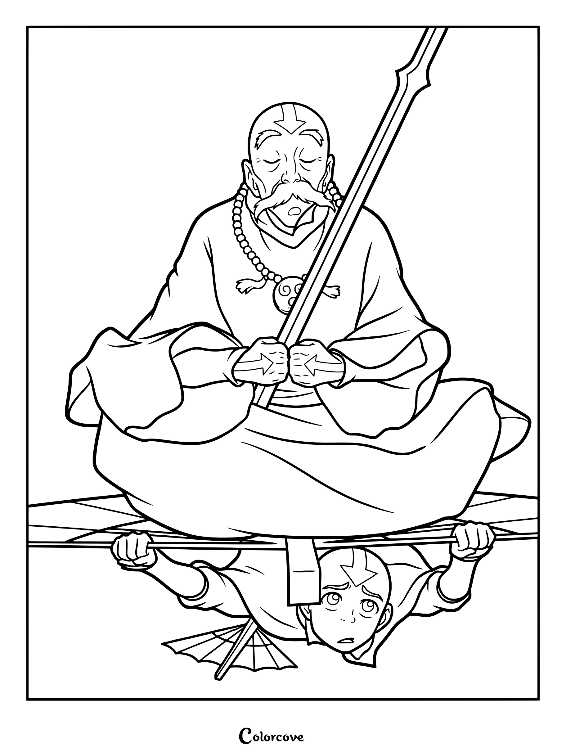 Sur cette page de coloriage à imprimer, le moine Gyatso médite en flottant au-dessus d'Aang, suspendu à un planeur.