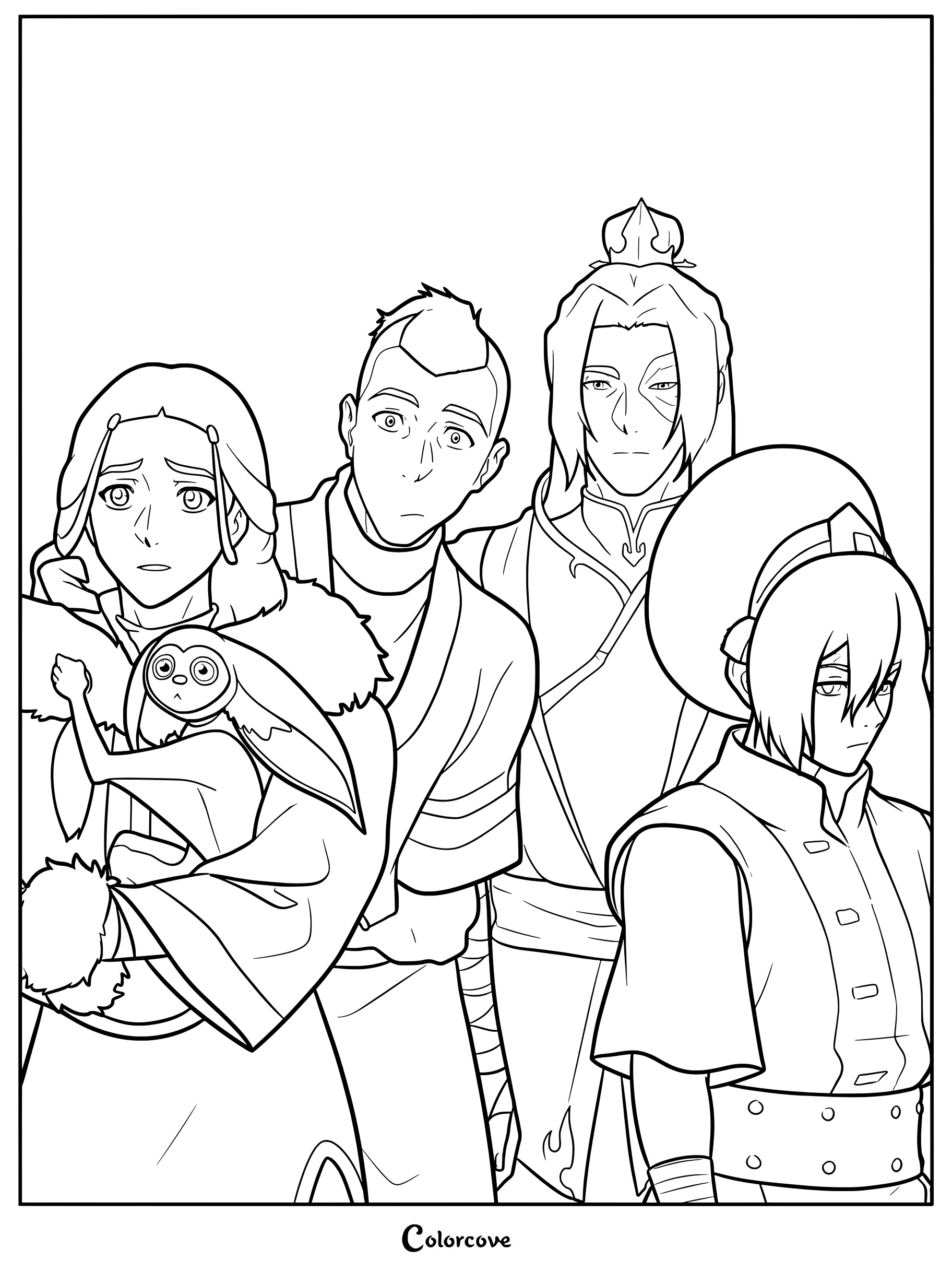 Une page de coloriage à imprimer représentant Katara adulte tenant Momo, Sokka, Zuko et Toph, personnages du film Avatar : Aang.