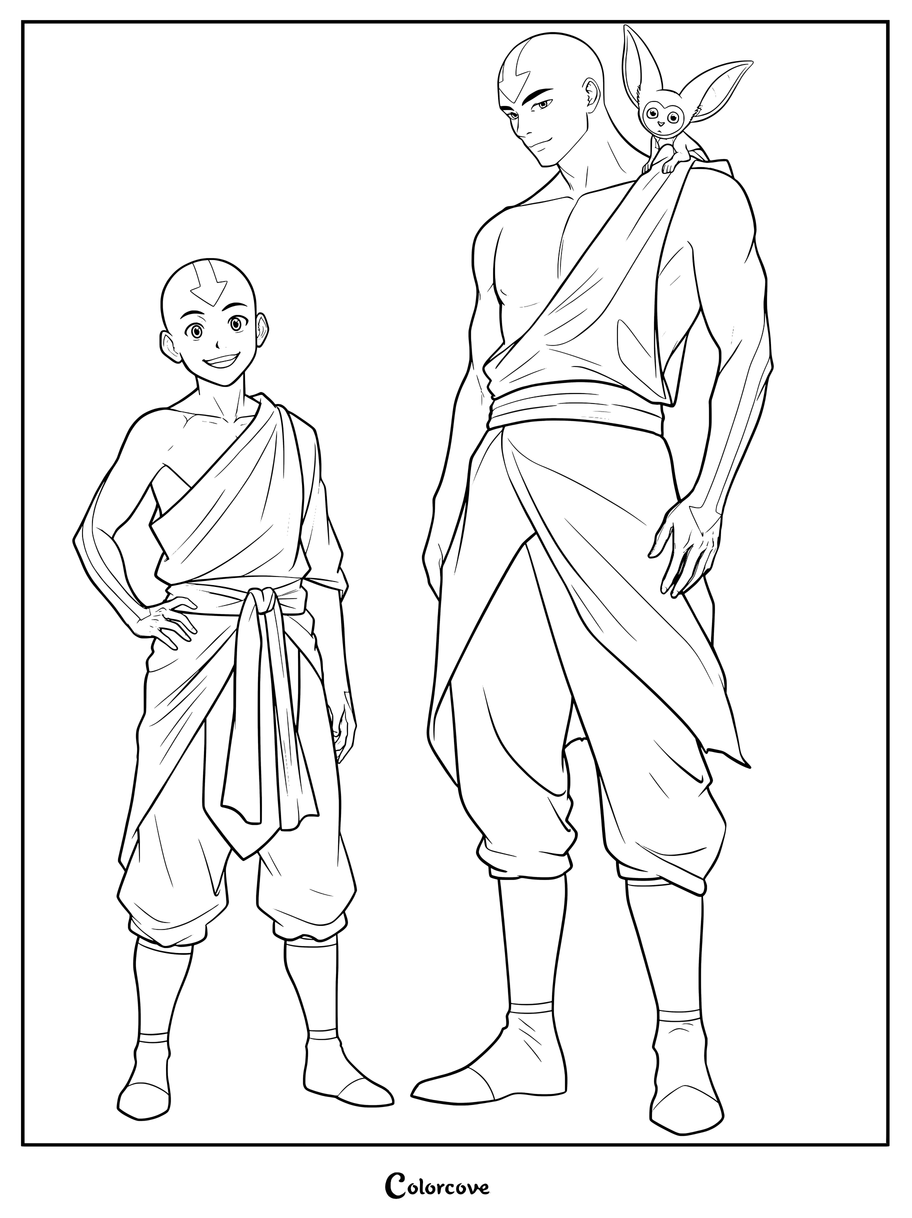 Une page de coloriage à imprimer représentant le jeune Aang debout à côté de lui-même adulte, avec Momo perchée sur son épaule.