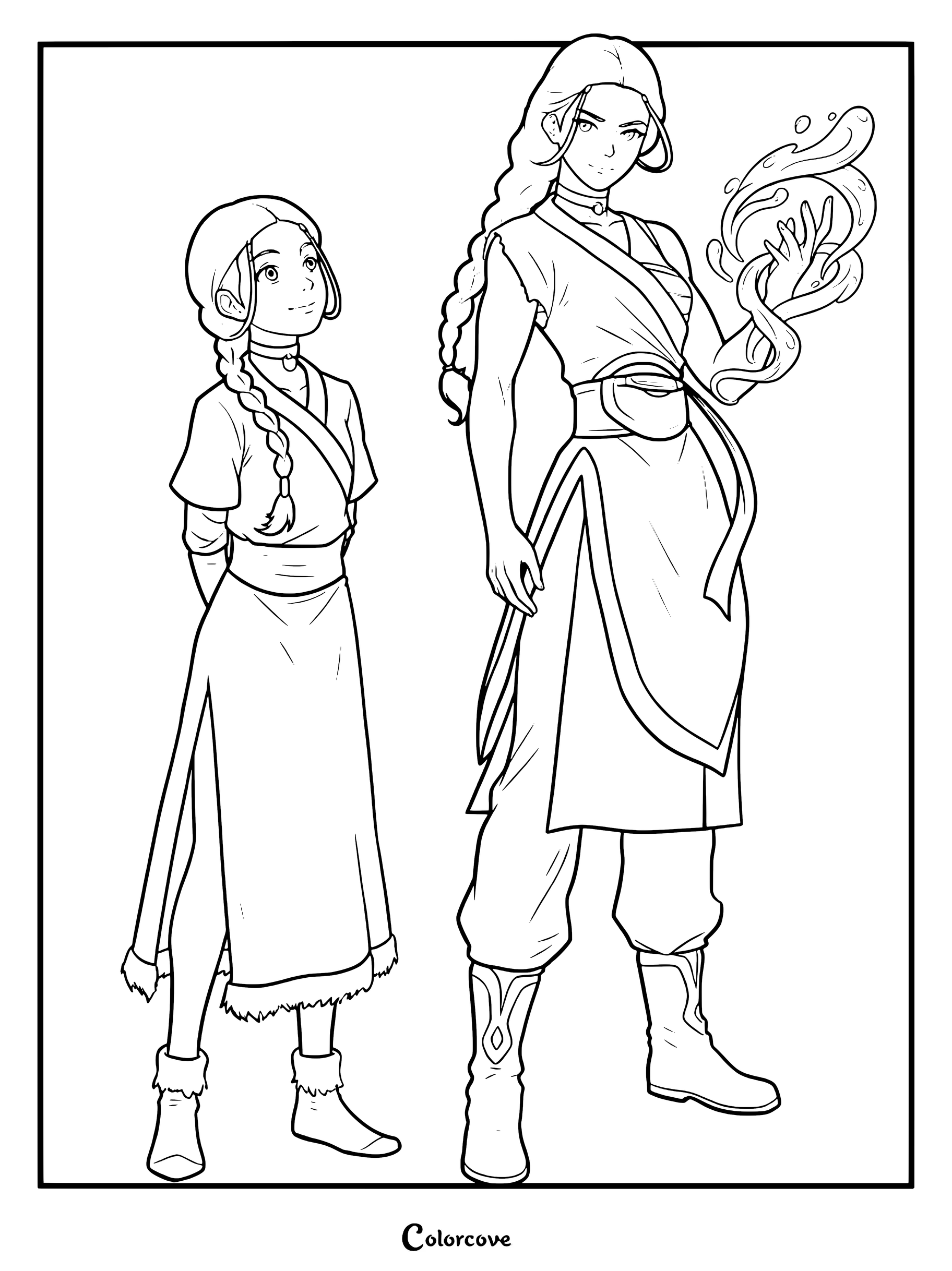 Une page de coloriage à imprimer représentant la jeune Katara debout à côté de son double adulte, qui pratique la maîtrise de l'eau avec une sphère d'eau tourbillonnante.