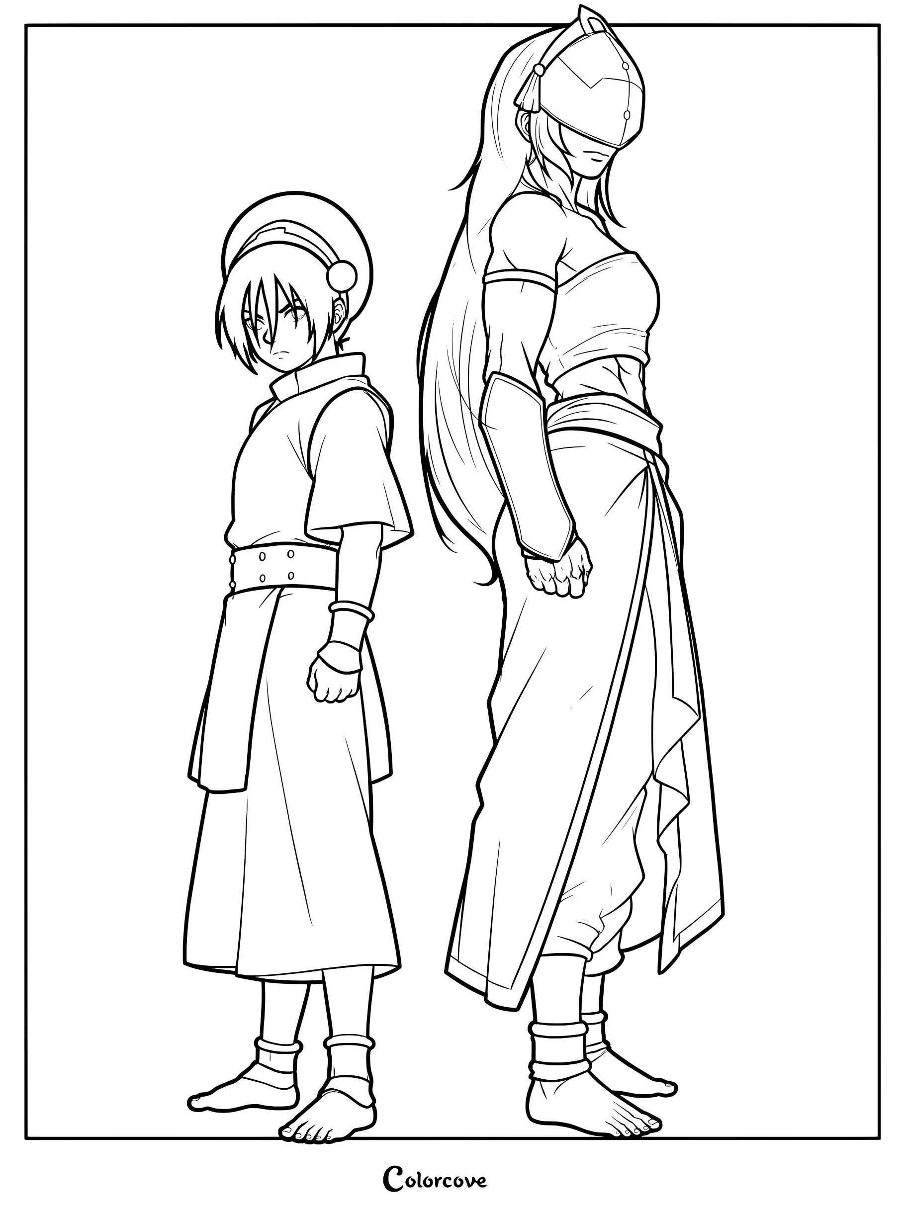 Une page de coloriage à imprimer représentant la jeune Toph Beifong debout à côté d'elle-même adulte, illustrant leur évolution et leurs tenues de maîtrise de la terre.