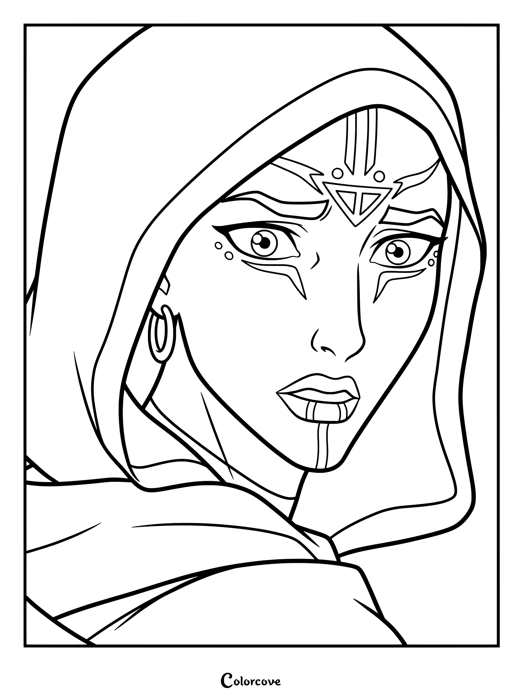 Gros plan d'un portrait à colorier de Sonam portant une capuche, avec des marques faciales détaillées et des boucles d'oreilles.
