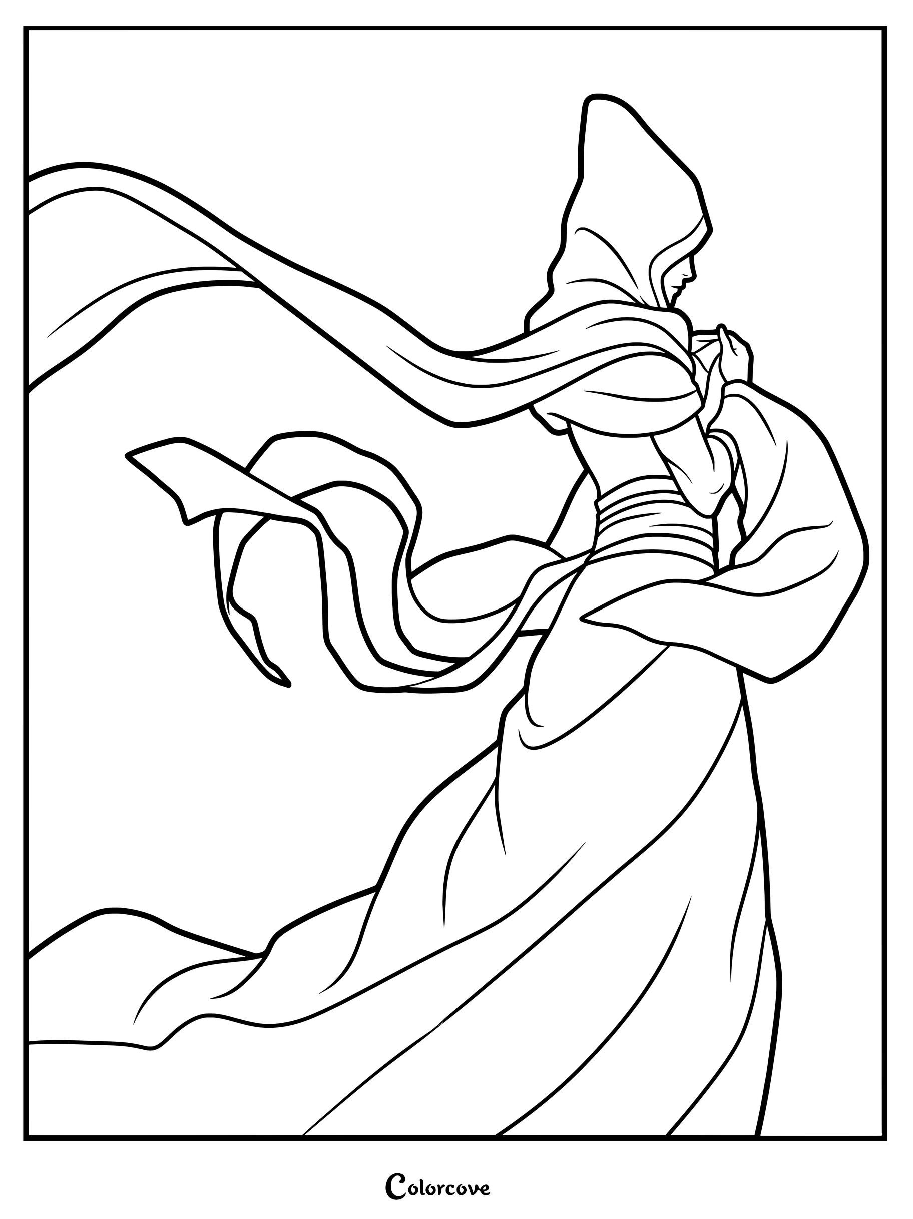 Sonam porte une cape à capuche au tissu fluide sur cette page de coloriage à imprimer.