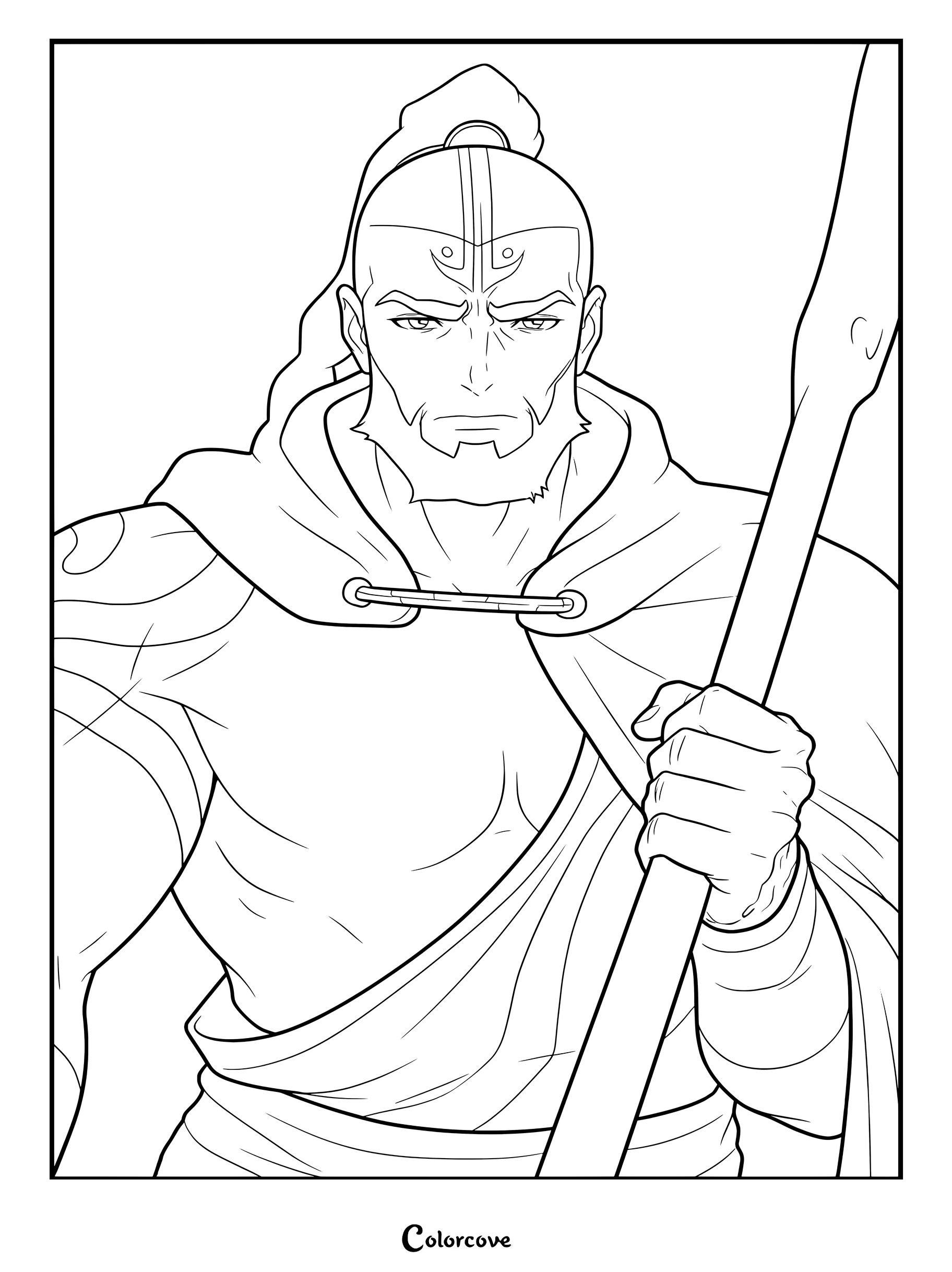 Une page de coloriage détaillée représentant Tagah d'Avatar Aang : Le Dernier Maître de l'Air tenant l'ancien bâton de Sonam avec une expression sévère.