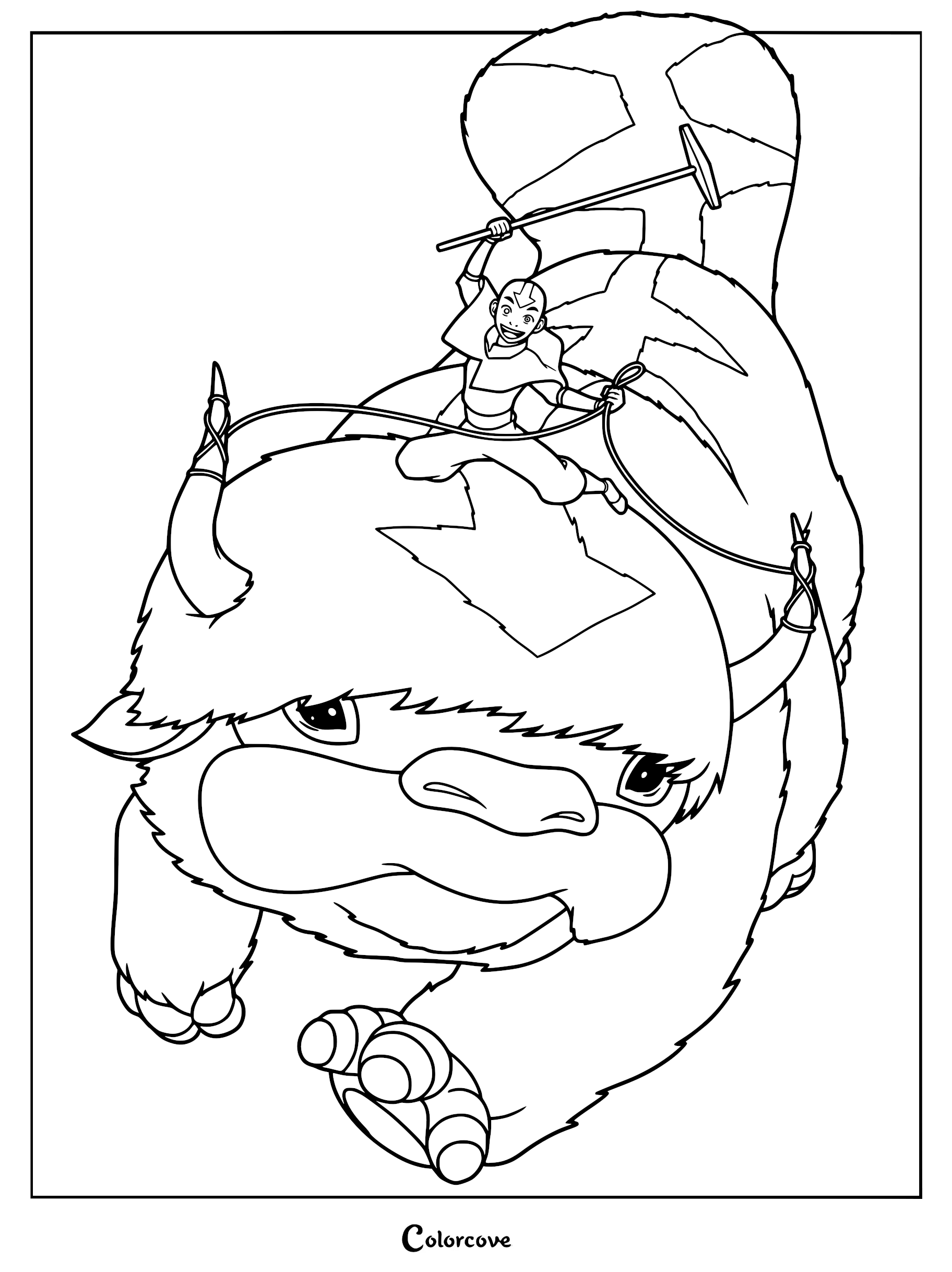 Aang riding Appa in this printable coloring page featuring the Avatar holding his staff while flying.