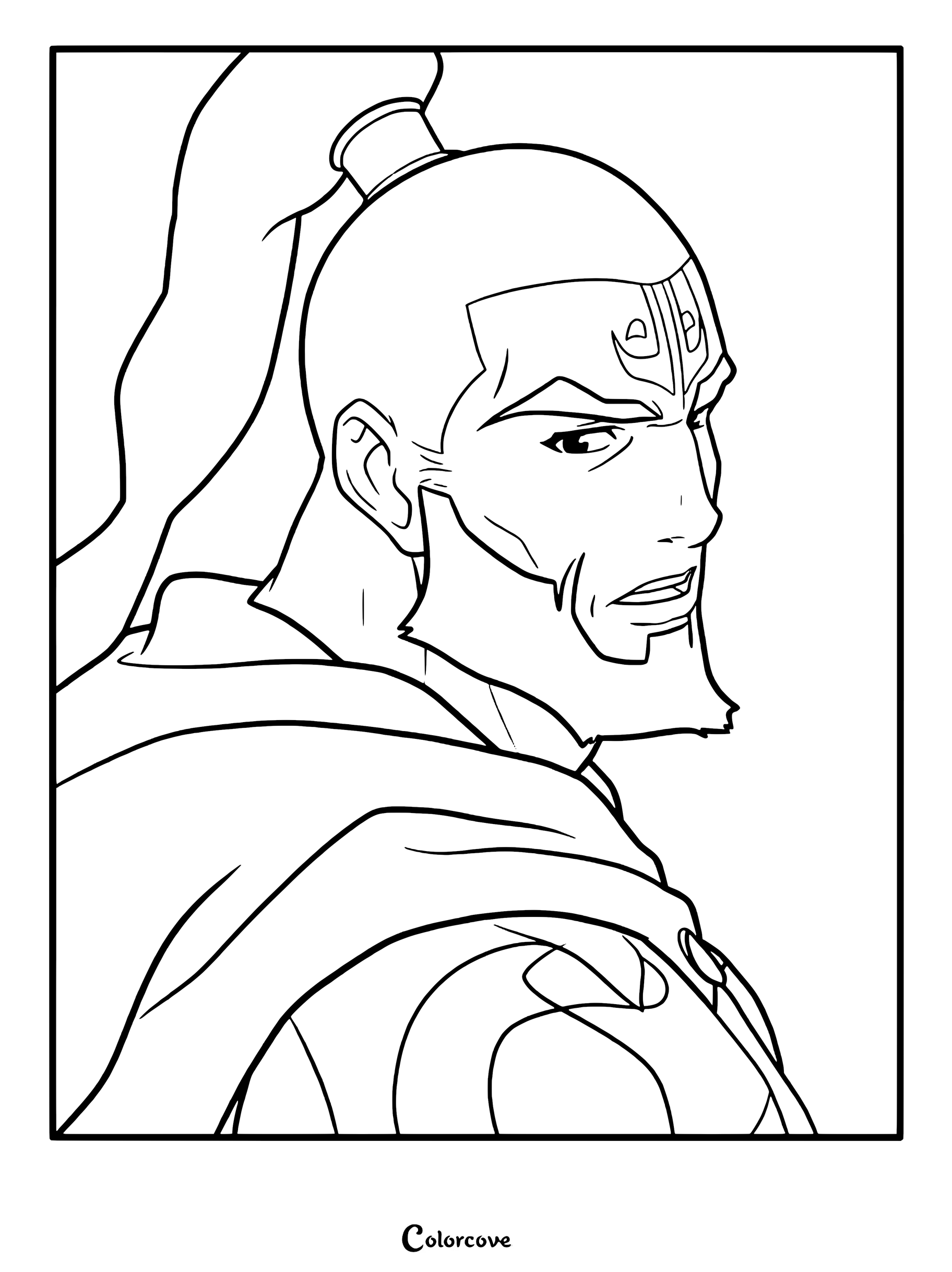 Une page de coloriage détaillée présentant un portrait de profil de Tagah, l'antagoniste du film Avatar : Le Dernier Maître de l'Air (2026), mettant en valeur ses marques faciales distinctives et sa queue de cheval.