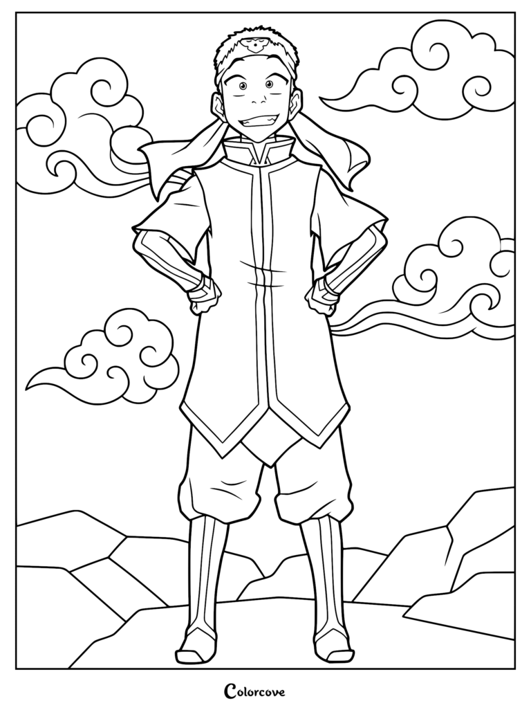 Aang wearing a Fire Nation school uniform in this printable coloring page featuring stylized clouds.