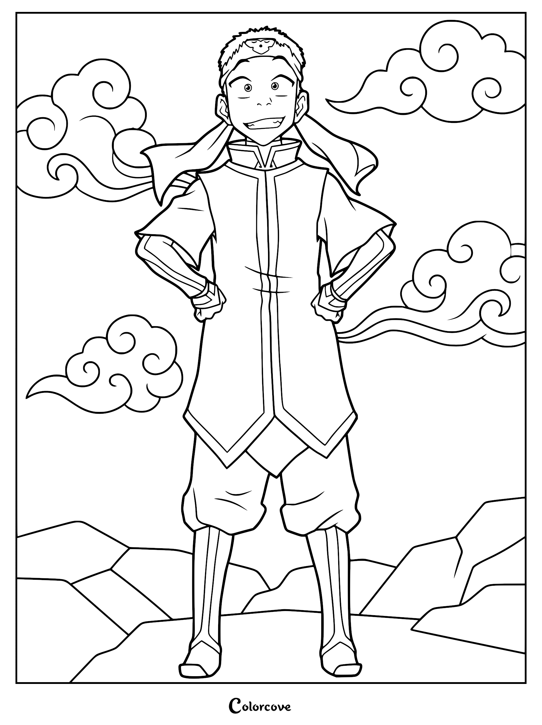 Aang wearing a Fire Nation school uniform in this printable coloring page featuring stylized clouds.