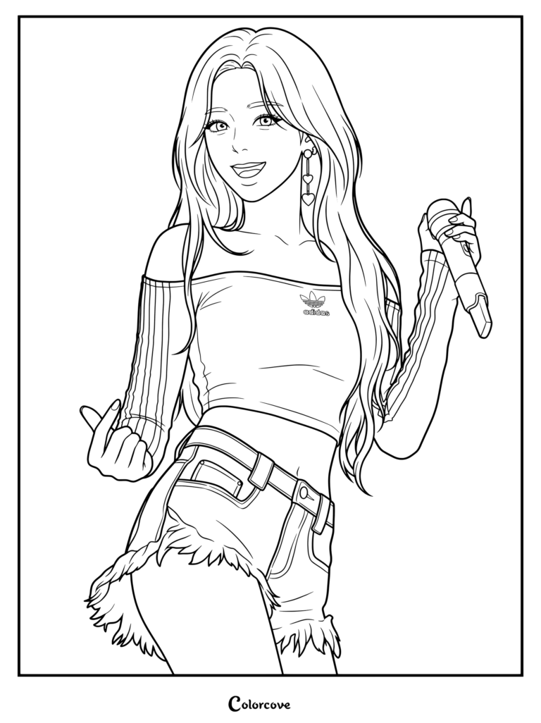 Coloriage de Ahyeon de BABYMONSTER tenant un micro et portant un haut à épaules dénudées.