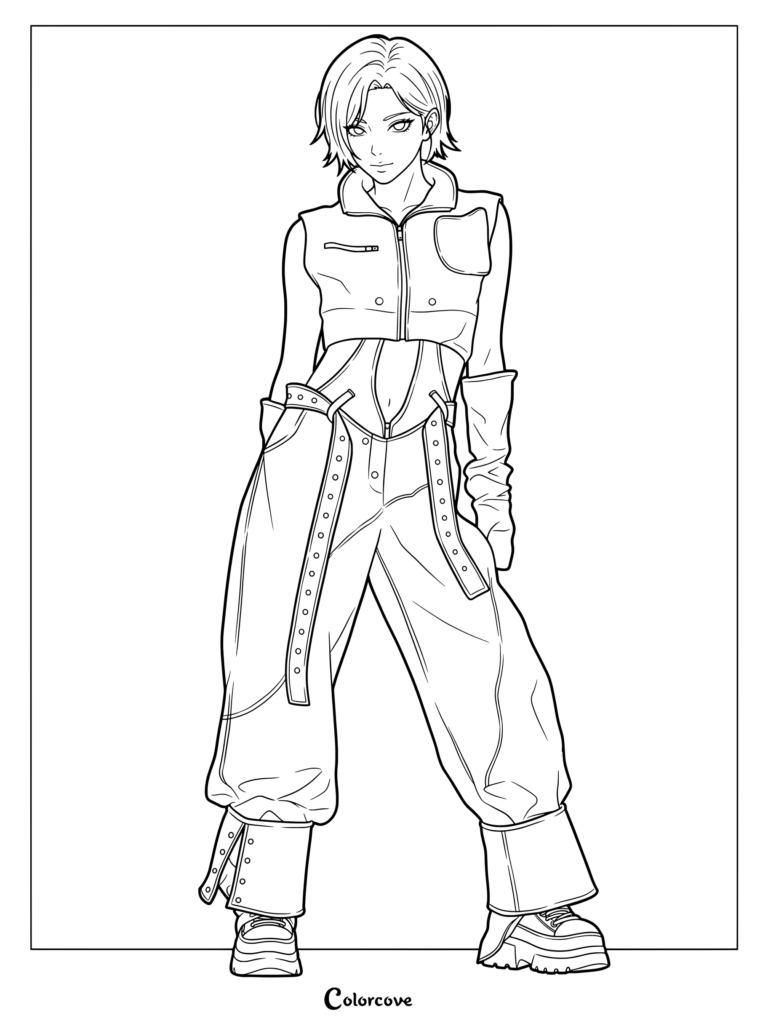 Coloriage de Rami de BABYMONSTER debout dans des vêtements superposés de style streetwear
