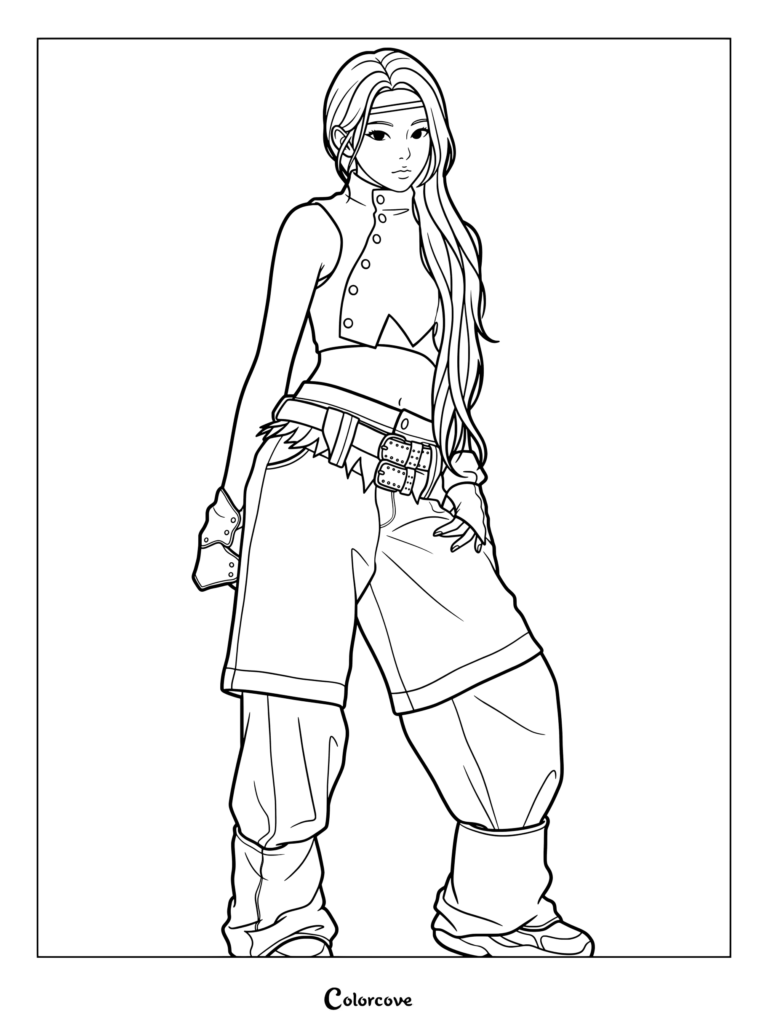 Coloriage de Rora de BABYMONSTER portant un haut sans manches et un pantalon baggy