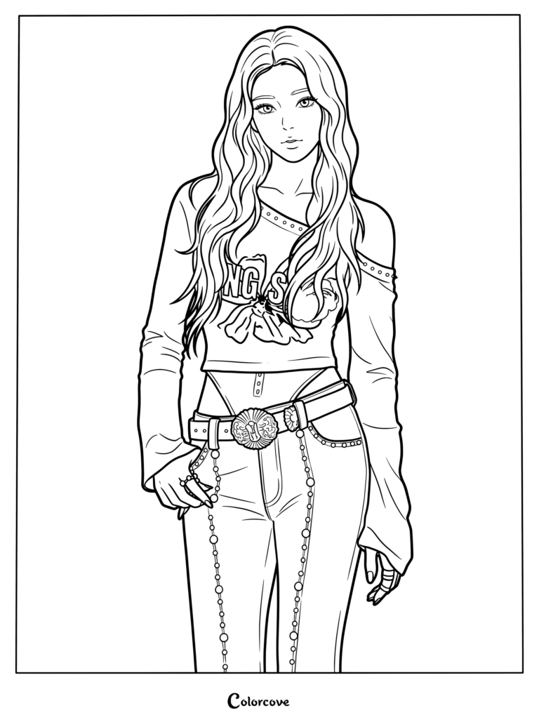 Coloriage de Rora de BABYMONSTER avec de longs cheveux ondulés et une tenue élégante.