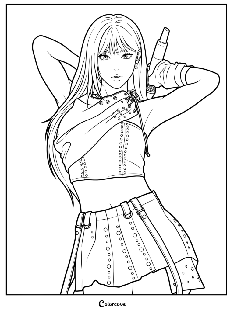 Coloriage de Ruka de BABYMONSTER posant avec un micro dans une tenue audacieuse