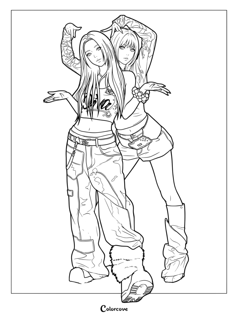 Coloriage de BABYMONSTER mettant en scène Ruka et Ahyeon prenant une pose élégante dans des tenues tendances.