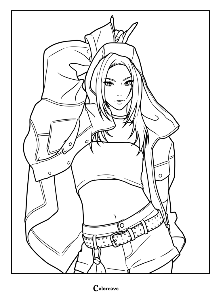Coloriage de Ruka de BABYMONSTER avec un style streetwear élégant et une veste à capuche.