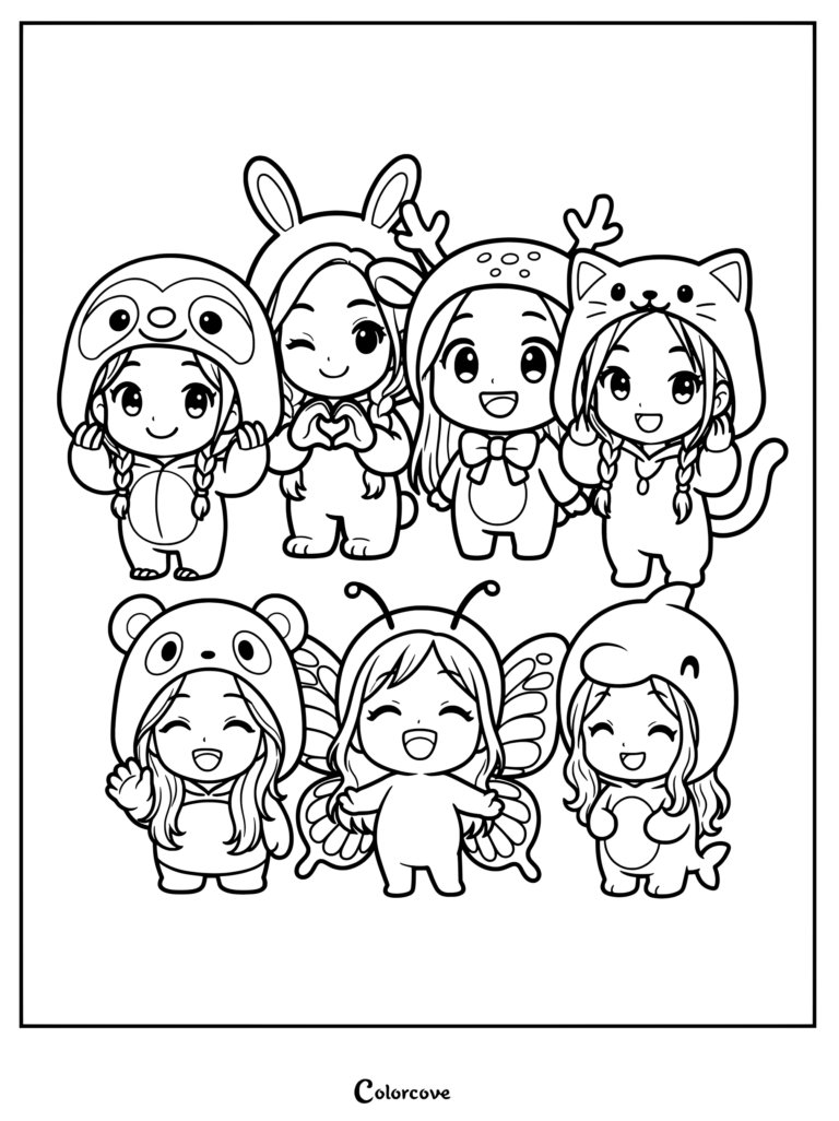 Illustrations de style chibi du groupe de K-pop BABYMONSTER vêtues de tenues inspirées de leurs emojis d'animaux représentatifs associés aux fans, page de coloriage