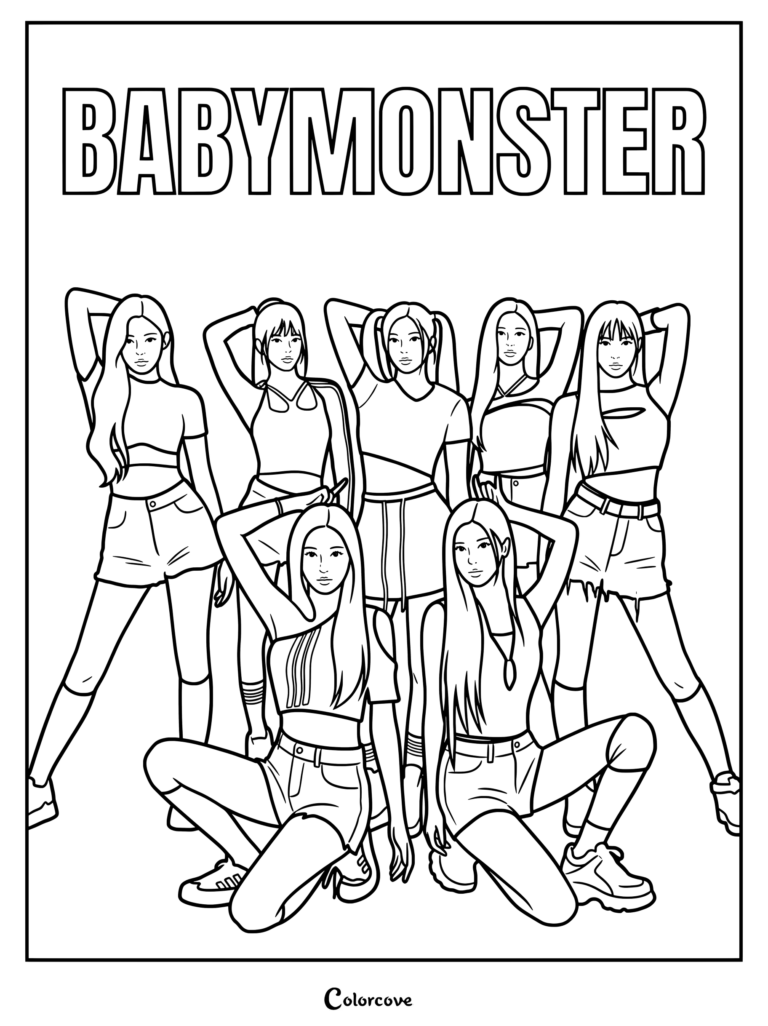 Page de coloriage à imprimer présentant les membres du groupe de K-pop féminin BABYMONSTER posant dans des tenues noires et blanches coordonnées lors des promotions de leur single SHEESH.