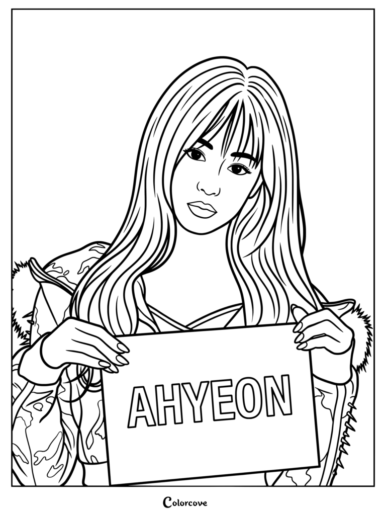 Coloriage de Ahyeon de BABYMONSTER (style Choom) la montrant tenant une pancarte avec son nom.