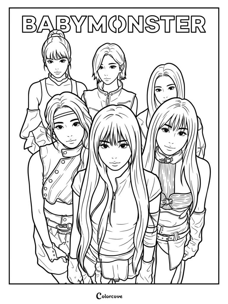 Page de coloriage d'une illustration fanart de style anime du groupe de K-pop féminin BABYMONSTER.
