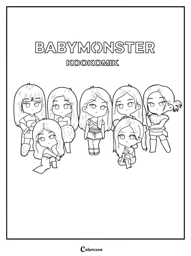 Adorable illustration fanart chibi du groupe de K-pop BABYMONSTER, page de coloriage