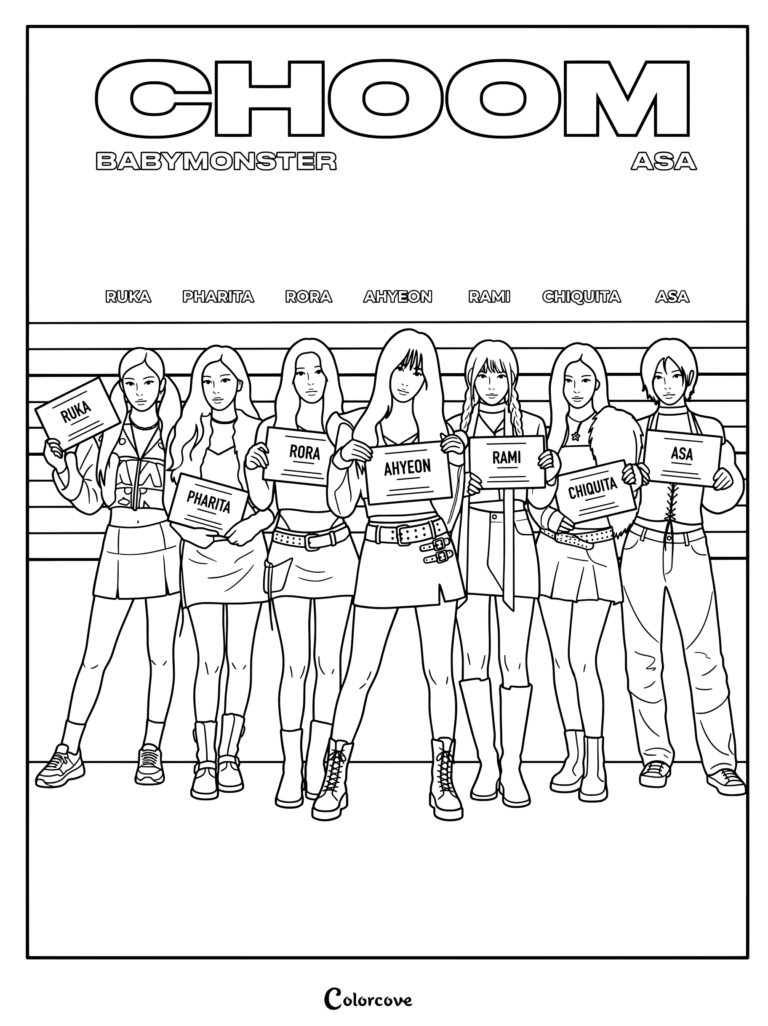Coloriage de l'affiche teaser du groupe BABYMONSTER pour leur 3e mini-album CHOOM avec toutes les membres tenant des panneaux nominatifs.