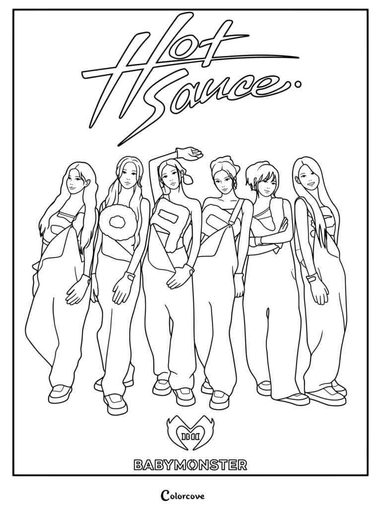 Coloriage gratuit à imprimer présentant le groupe de K-pop féminin BABYMONSTER dans une illustration teaser promotionnelle pour leur single digital HOT SAUCE.