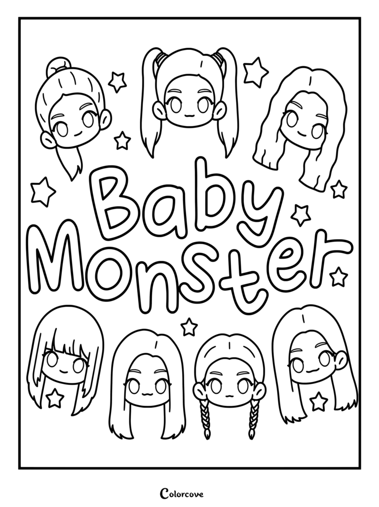 Coloriage fanart chibi mignon du groupe de K-pop féminin BABYMONSTER avec un lettrage pastel et des accents d'étoiles.