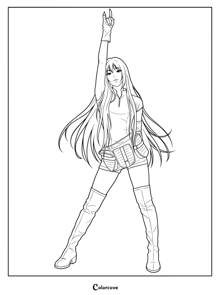Coloriage d'Ahyeon de BABYMONSTER levant la main dans une pose marquante