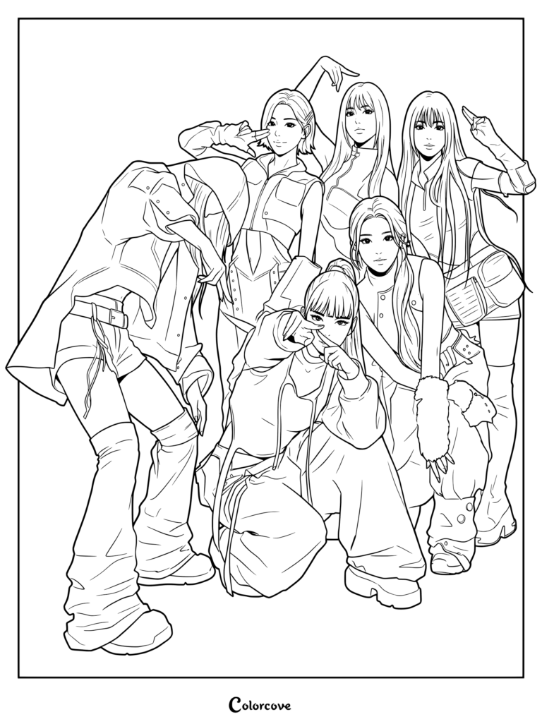 Coloriage d'illustration fan art de style anime du groupe féminin de K-pop BABYMONSTER posant ensemble en tenues streetwear blanches assorties
