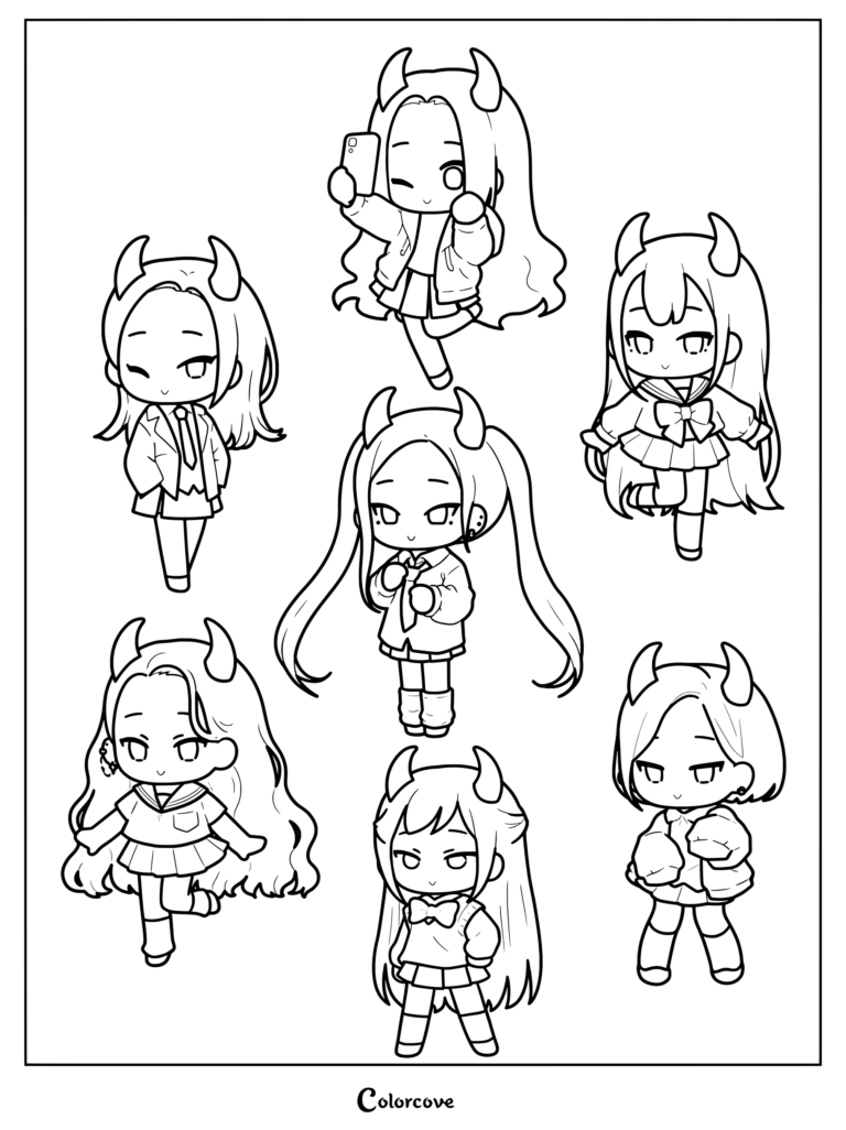 Mignon coloriage fan art chibi du groupe de K-pop BABYMONSTER avec de petites cornes de diable rouges pour leur chanson DRIP.