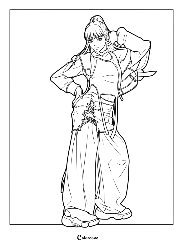 Coloriage d'Asa de BABYMONSTER dans une tenue streetwear tout en blanc