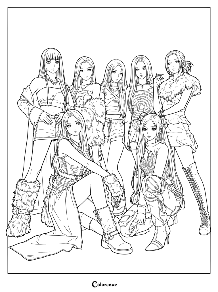 Coloriage d'illustration fan art style anime de BABYMONSTER mettant en scène les membres du groupe féminin sud-coréen dans des tenues élégantes.
