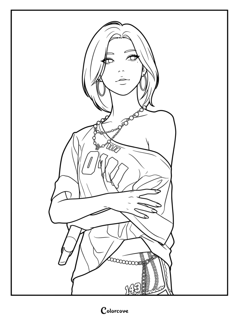 Coloriage à imprimer d'Asa de BABYMONSTER avec des cheveux courts et des colliers superposés.
