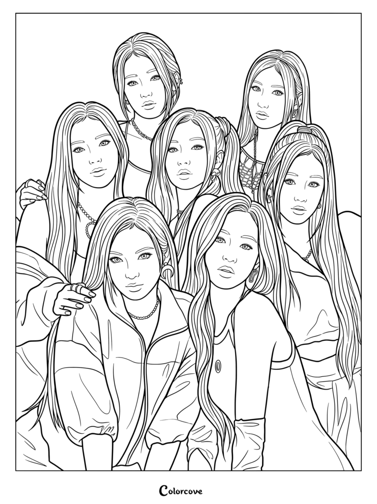 Coloriage à imprimer représentant le groupe de musique sud-coréen BABYMONSTER posant ensemble.