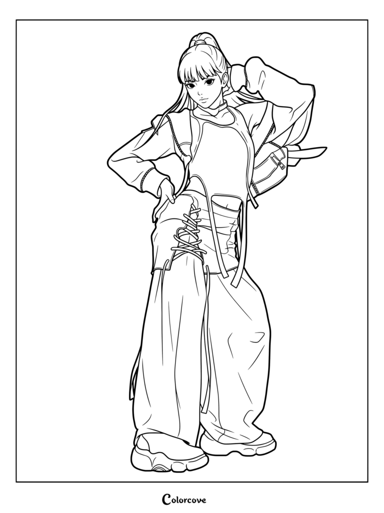 Chiquita de BABYMONSTER prenant la pose en streetwear élégant pour un coloriage.