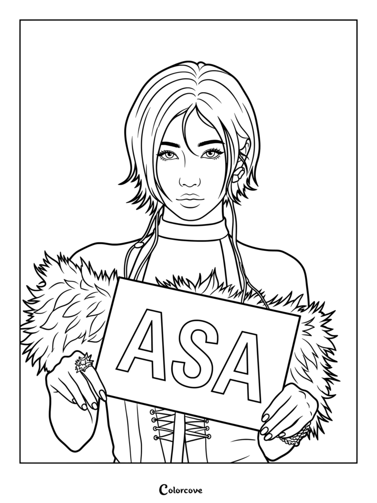 Coloriage à imprimer de Asa de BABYMONSTER tenant un panneau dans un style fan art CHOOM.
